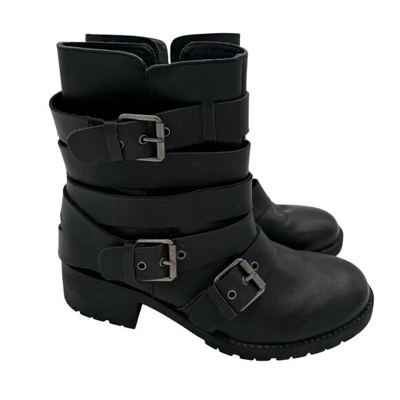 Adam Tucker Black Leather Buckle Ankle Moto Strappy Grunge 90s Boots Size 8 - Picture 1 of 6